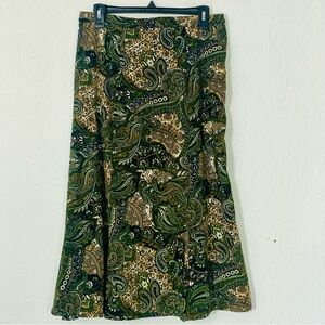 Elementz Beige and Green Paisley Midi Skirt M Flowy Flared